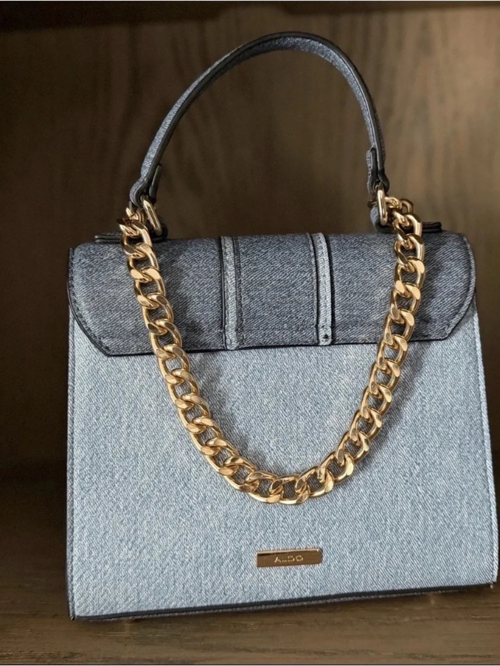 Aldo Blue Denim Structured Top-Handle Satchel with Gold Chain